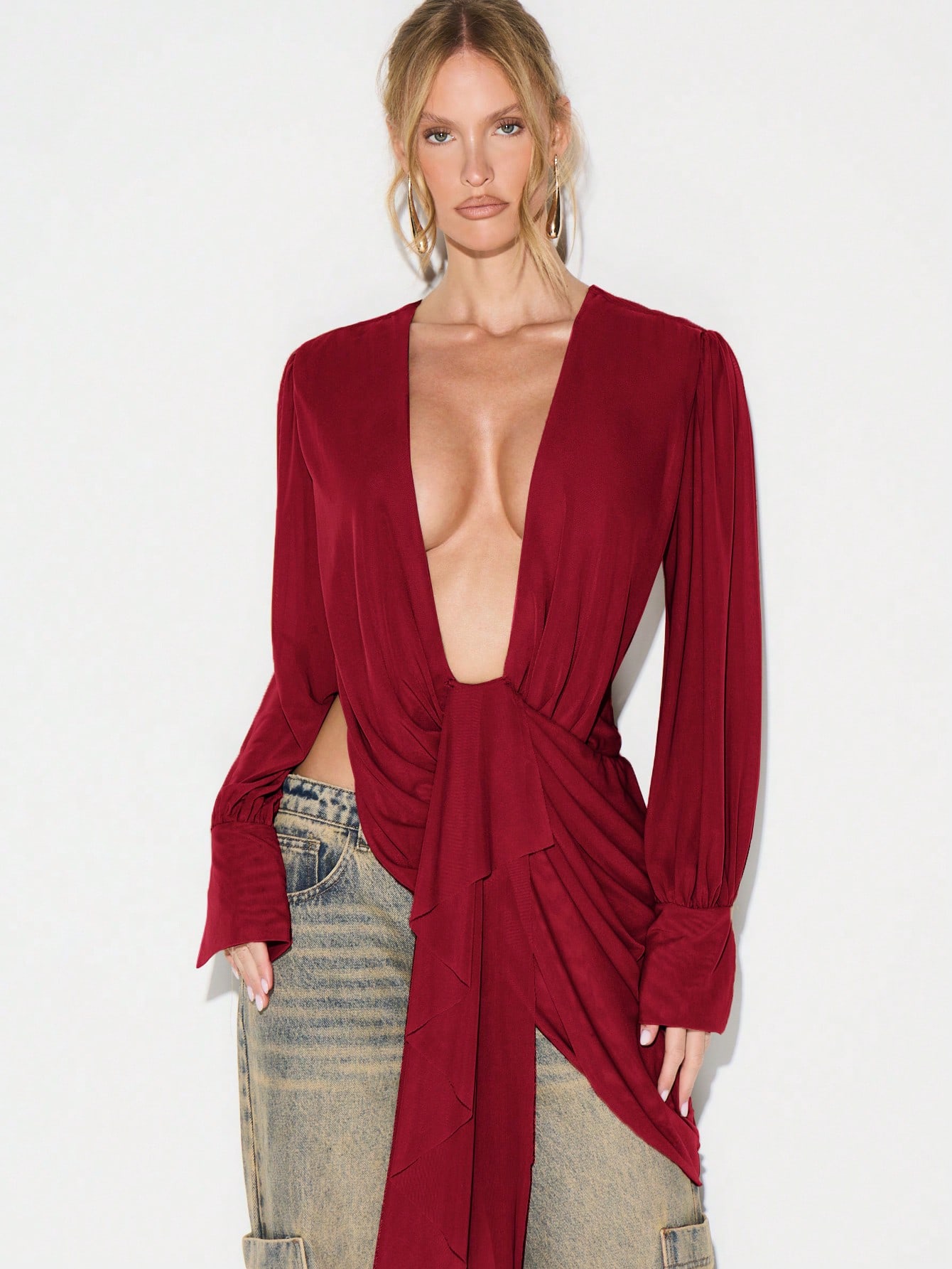 KIZN Deep V Neck Wrap Blouse With Draped Detail