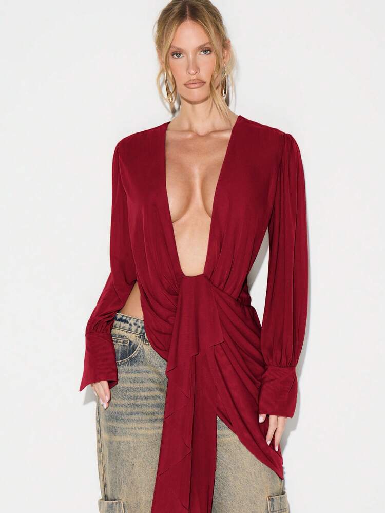 KIZN Deep V Neck Wrap Blouse With Draped Detail