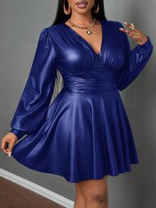 Slaydiva Váy da PU dáng chữ A dài tay xếp ly cổ chữ V tối giản màu trơn dành cho nữ, mùa đông - Màu xanh lam - Xem 5