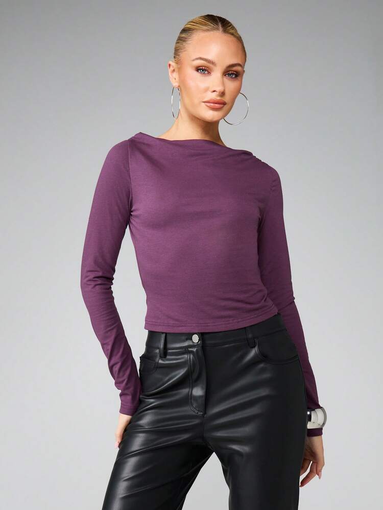 MISSGUIDED Long Sleeve Boat Neck Cowl Drape Top Fall Winter Casual Blouse