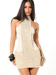 SUMWON WOMEN Rhinestone Studded Halter Neck Mini Dress Backless Bodycon Party Clubwear - Apricot - View 1