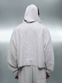 PLAYBOY X SUMWON Cropped Waffle Knit Hoodie With Drawstring And Embroidered Details For Casual Comfort Style - Grey - View 1