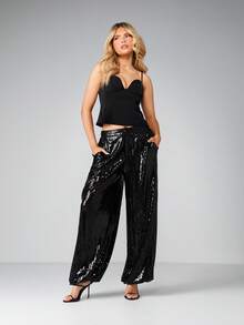 MISSGUIDED 亮片阔腿裤 高腰晚宴派对裤 适合节日场合 - 黑色 - 查看 3