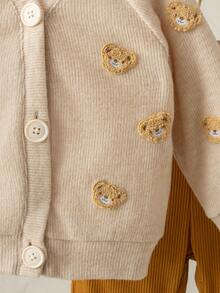 Souflis Souflis 2pcs Set Vintage French Style Long Sleeve Cardigan With 3D Bear Pattern Jacket And Brown Corduroy Pants, Versatile Outfit For Home, Casual, School Wear, Toddler Boys - Multicolor - View 6