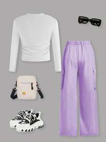 Sparklyn 2pcs/Set KPOP Girl Group Printed Top & Purple Straight Leg Cargo Pants Set, Fashion Casual Streetwear For Tween Girls - Multicolor - View 2