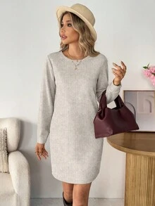 Easowa Women's Casual Ribbed Long Sleeve Short Dress, Basic Outfit For Autumn/Winter Daily Wear Long Sleeve Dress - Apricot - View 5