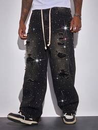 Street Life Men's Drawstring Waist Pocket Distressed Rhinestone Embellished Wide Leg Loose Jeans