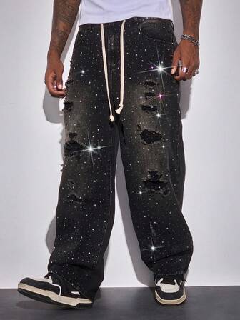 Street Life Herren Jeans mit Kordelzug in der Taille, Taschen, Destroyed-Look und Strass-Verzierung, weite Passform, lässig