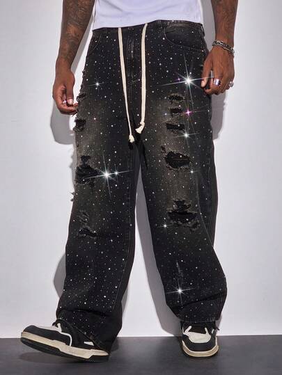 Street Life Jeans décontractés amples à taille élastique avec poches, ornés de strass, pour hommes