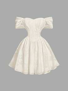 SHEIN MOD 女士杏色露肩浪漫连衣裙，适合约会、情人节、度假 - 杏色 - 查看 1