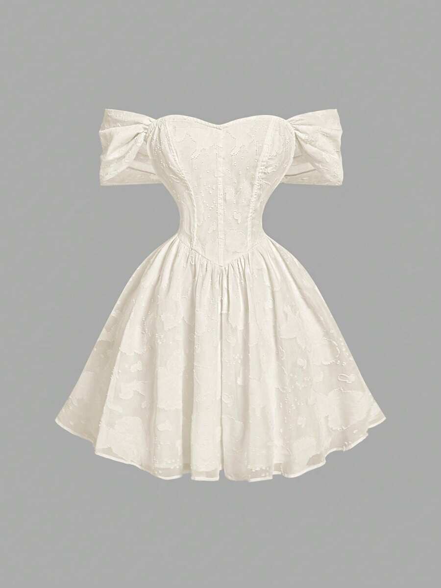 SHEIN MOD 女士杏色露肩浪漫连衣裙，适合约会、情人节、度假 - 杏色 - 查看 1