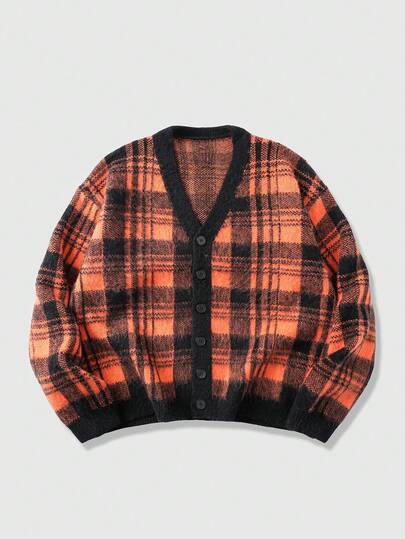 Men's Plaid Jacquard Cardigan, Loose Fit