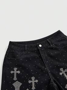 ROMWE J-Fashion Y2K街头风铆钉十字牛仔七分裤 - 黑色 - 查看 3