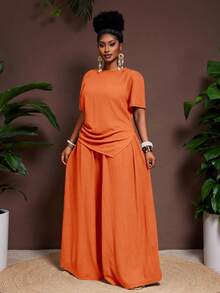 Veslaya 2件套/组 2025春夏新款休闲度假纯色褶皱面料尖下摆短袖上衣和松紧腰阔腿裤，大码女装 - 橘色 - 查看 9