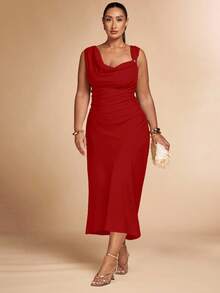 SHEIN BAE 大码女式卡其色不对称金属连衣裙 - 紅色 - 查看 4