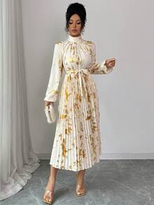 SHEIN Raffinéa Rafferiza Fashionable Elegant Champagne Gold Metallic Pleated Women Dress - Apricot - View 5