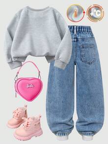 SHEIN ChillGRL 2pcs Girls Fleece Hoodie & Distressed Heart Print Denim Shorts Co-Ord Set,Cute Graphic Crew Neck Sweatshirt Outfit For Winter,School,Back-To-School - Multicolor - View 2