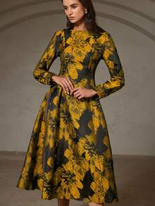 Revavyn Đầm xòe Jacquard cổ tròn tay dài phong cách cổ điển thanh lịch - Vàng - Xem 3