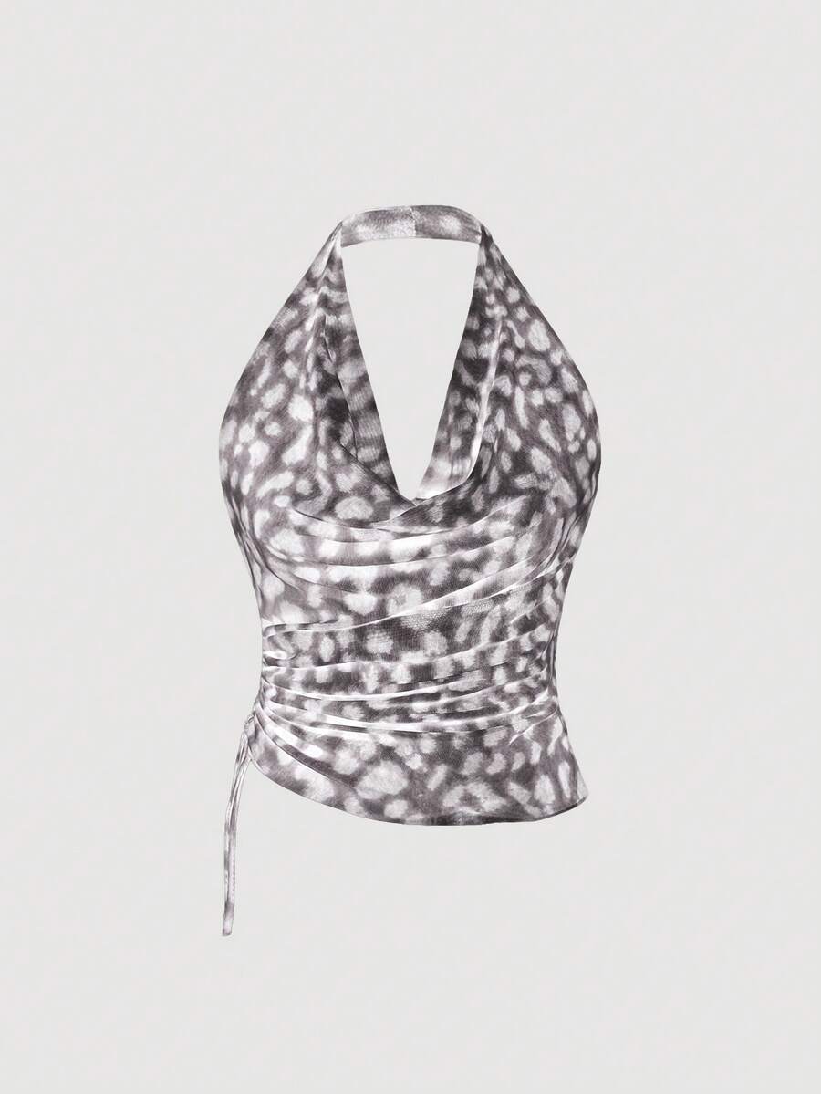 Aveloria GENKIRA Vintage Random Animal Print Leopard Mesh Fabric Swing Neck Asymmetric Ruched Slim Sexy Camisole For Women  - Grey - View 1
