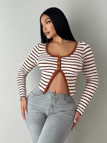 SHEIN SXY Casual Striped Long Sleeve Women Tops,Autumn,Off-White,Seksi Chic,Night Out, Crop Sweater Top,Winter,Thanksgiving For Women,Fall,Stripe - Multicolor - View 5