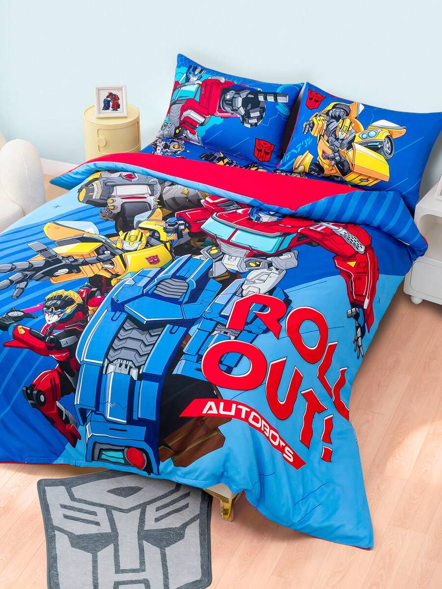 Transformers X SHEIN 3pcs Cartoon Car Print Quilt Cover Set, Sanded Material, Soft And Warm, Blue Quilt Cover, Multiple Sizes, Suitable For Single Bed/Double Bed/Queen Bed/King Bed,Gift Ideas - 彩色 - 查看 1