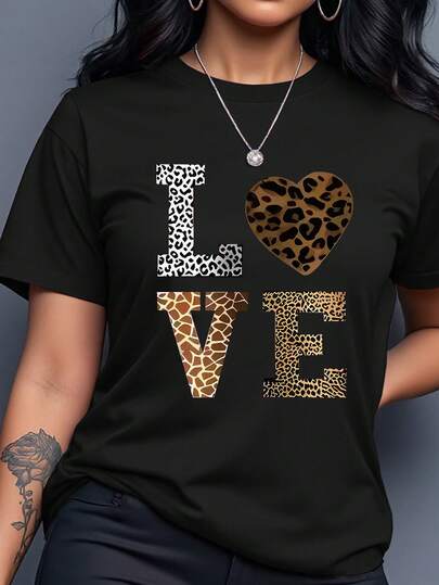 Rovax Camiseta de mujer de manga corta, cuello redondo, con estampado de leopardo y gráfico de letra, de estilo casual