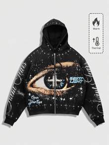 ROMWE MEN Street Life Men's Eye Minimalist Printed Long Sleeve Zip Up Hooded Sweatshirt, Fall Winter