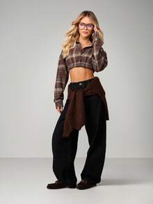 MISSGUIDED Áo sơ mi kẻ caro dáng rộng có cạp chun, cài nút, tay dài, chất liệu vải nỉ - Nhiều màu - Xem 5