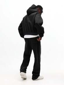 SUMWON Men Hoodie Co-Ord Set Oversized Pullover With Loose Fit Sweatpants White Piping Detail Winter Loungewear Matching Tracksuit - Black - View 2