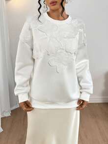 Gloray Women's Oversized Crew Neck Drop Shoulder Long Sleeve Sweatshirt With Applique Decor - White - View 5