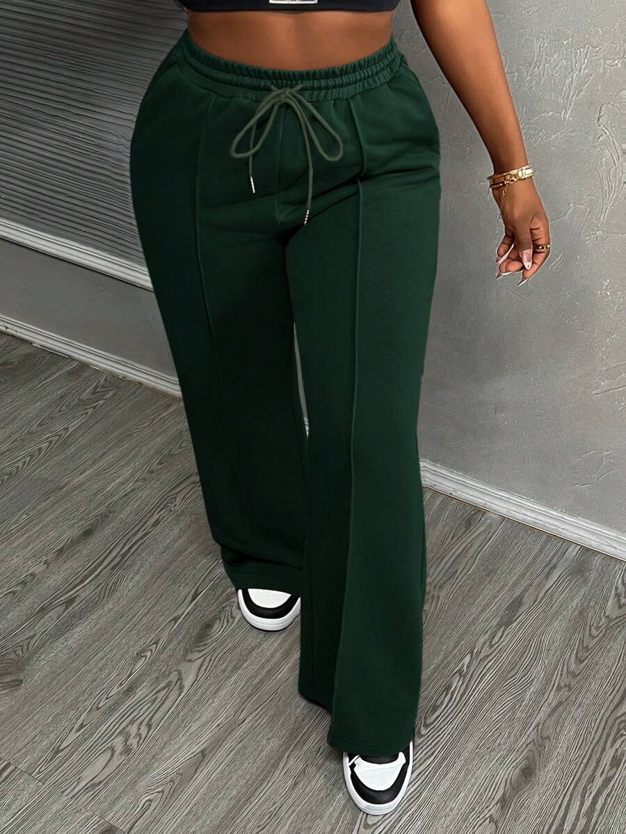 Slaydiva Women's Casual Drawstring Pocket Loose Pants - Dark Green - View 1