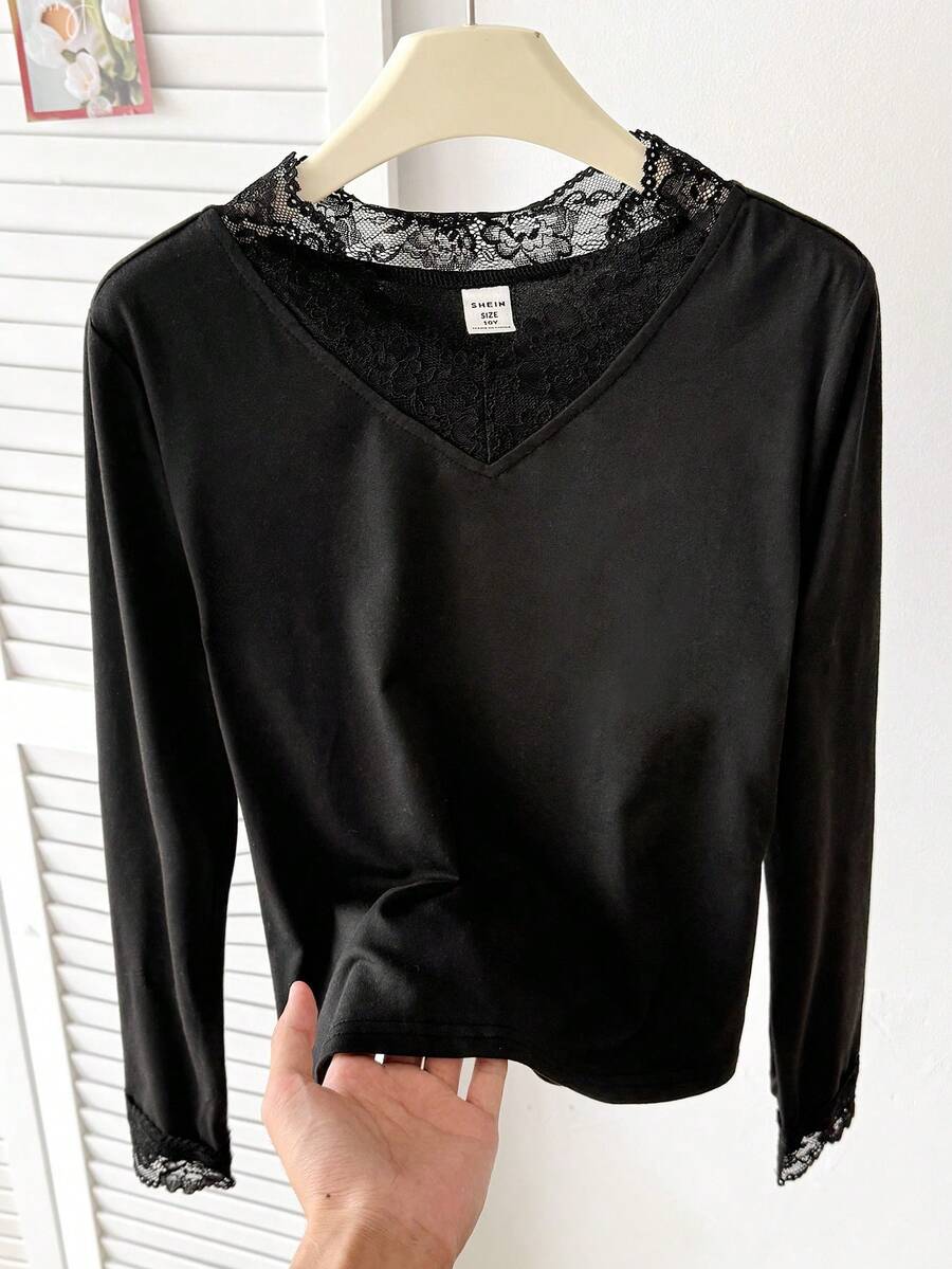 SHEIN Camiseta de punto ajustada de manga larga con cuello en V elegante, recorte de encaje y parches para niña preadolescente, color negro - Negro - Ver 1