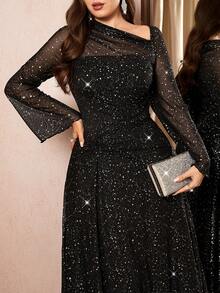 SHEIN Clasi Plus Size Elegant Black Autumn Formal Evening Shiny Pleats Party Dress For Women Christmas Party Outfit Rave Outfit - Black - View 10