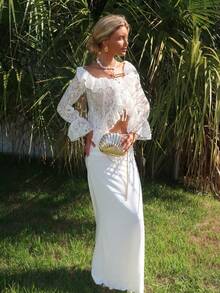 Sydney Algeri Women Summer Vacation Casual Open Front Ruffle Trim Off Shoulder Long Sleeve Sheer White Lace Blouse - White - View 7