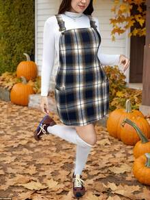 SHEIN LUNE 大码女式黑色灯芯绒连衣裙，带口袋和可调节肩带，适合 Barnfit 感恩节女装、新年女装、冬季连衣裙、冬季服装、锐舞派对服装和连身裙。 - 藍色 - 查看 6