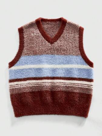 Street Life Chaleco de punto con cuello en V a rayas casual para hombre, otoño/invierno