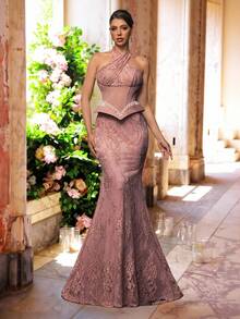 Glamrae Đầm đuôi cá sang trọng, thanh lịch với chất liệu ren và hạt cườm, thiết kế phối ghép, chất liệu co giãn, hở lưng gợi cảm, phù hợp cho đám cưới, tiệc tùng, lễ hội, dạ hội, tiệc tối, ngày Valentine. - Bụi hồng - Xem 8