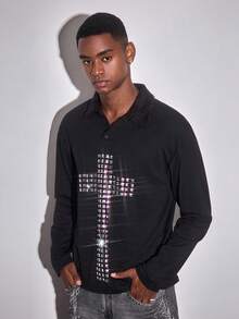 ROMWE MEN Goth Men's Cross Pattern Long Sleeve Casual Polo Shirt - Black - View 4