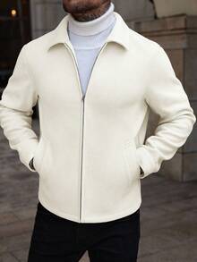 Manfinity CasualCool Áo khoác ngoài nam màu trơn có khóa kéo, kiểu dáng thường ngày, màu kem, thích hợp cho mùa thu/đông. - Màu be - Xem 5