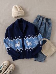 PrepCrw 1pc Tween Boys Elegant School Style Navy Blue Knit Collar Jacket,Cute Urban Dog Graphic Cardigan Sweater For Kids,Autumn Back-To-School Knitwear - Navy Blue - View 1