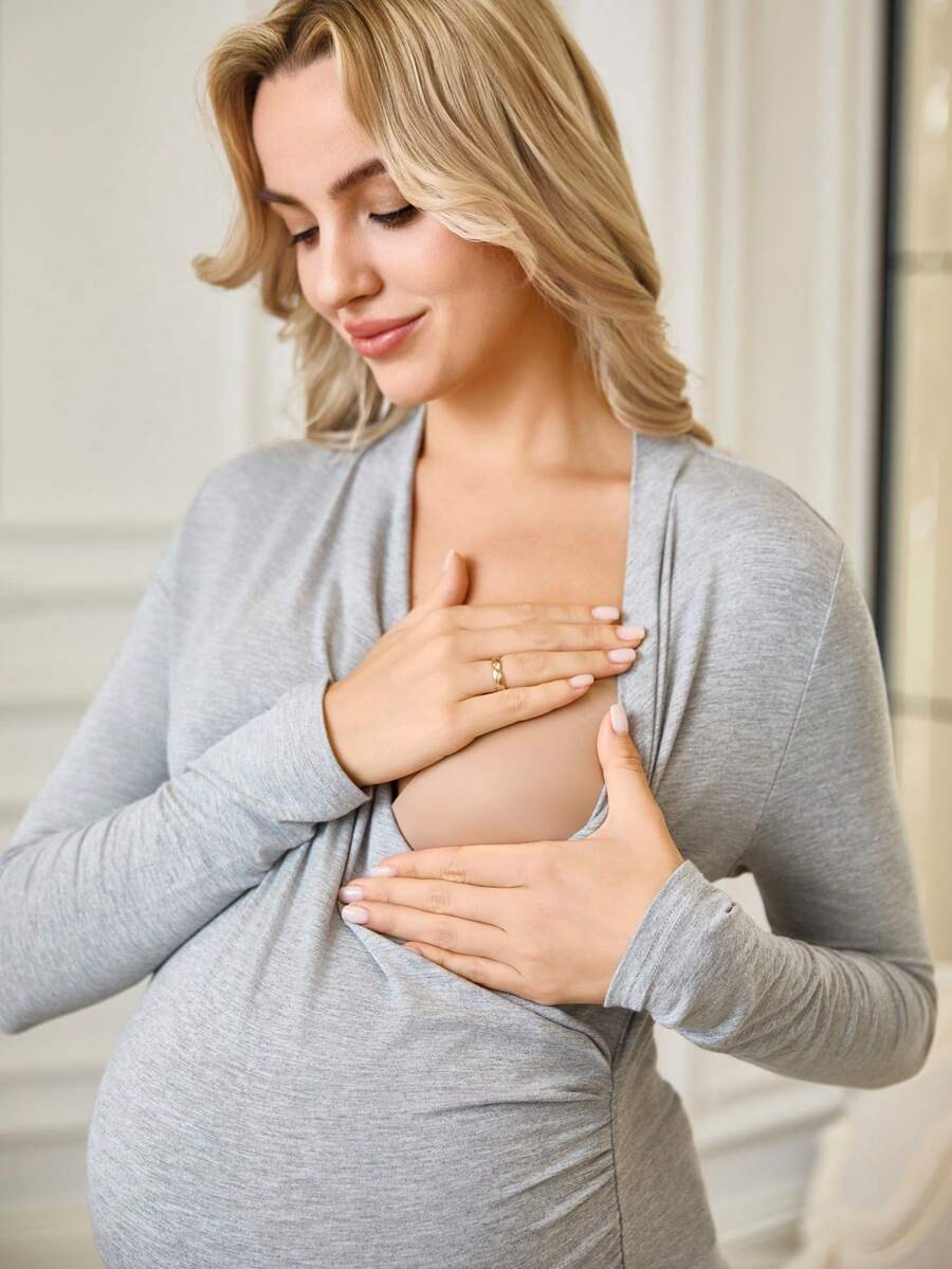 SHEIN Tricou maternitate cu mânecă lungă, croială slim, confortabil, culoare solidă