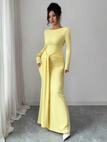 Selianne 秋冬新款性感露背系带蝴蝶结褶皱臀部圆领修身长袖前系带黄色连衣裙，适合派对、宴会、圣诞节、万圣节 - 黃色 - 查看 6