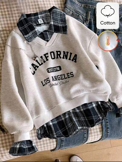 Genkimix Kids 少女休闲韩版卫衣，正面采用棕色格纹编织图案，搭配灰色纯色针织面料，黑色英文印花，罗纹领口、袖口和下摆，长袖套头衫，适合少女返校、春秋冬季穿着，简约韩版休闲风格，日常、上学、外出、聚会皆宜。