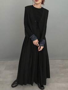 FRIFUL 女式深灰色纯色无袖上衣和百褶裙两件套，秋季 - 黑色 - 查看 4