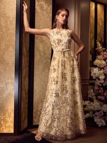 MOTF PREMIUM 亮片花卉刺绣撞色网纱鸡尾酒裙