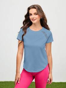 SHEIN Cheerettes 女式插肩袖圆领休闲健身运动T恤健身衫 - 淺藍色 - 查看 3