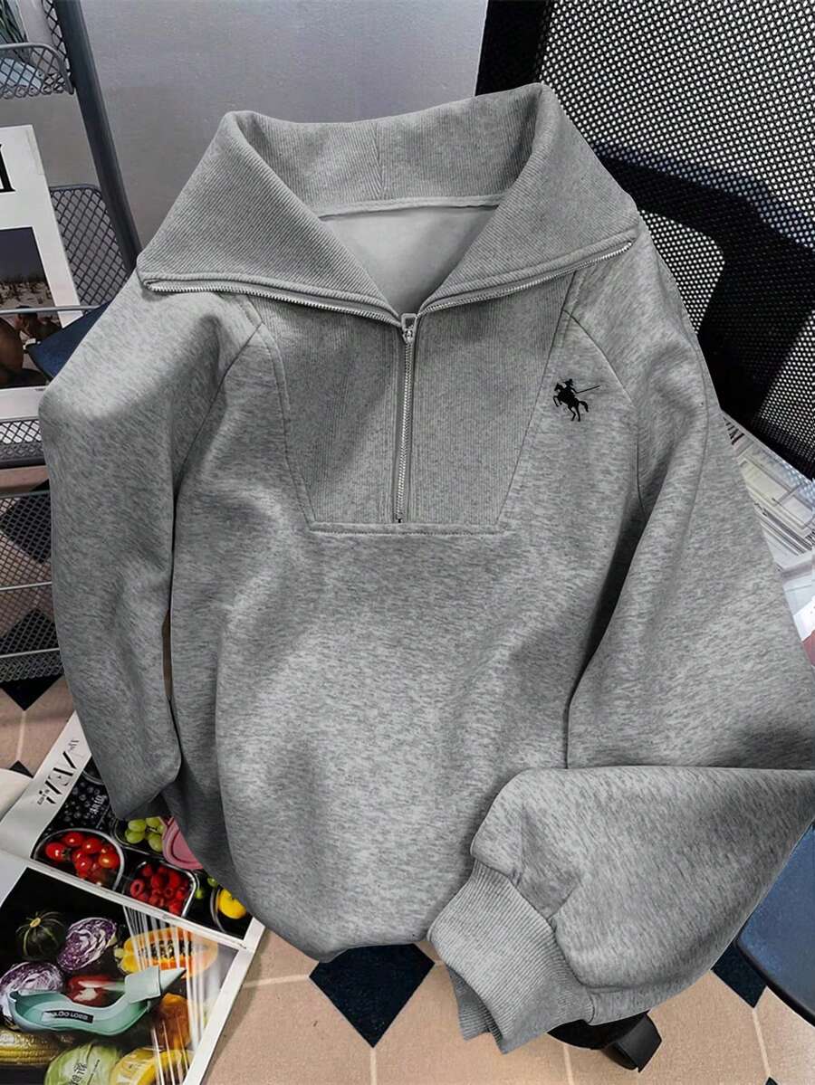 INAWLY 休闲宽松高领拉链印花长袖卫衣 - 深灰色 - 查看 1