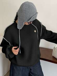 Dazy Plus Áo nỉ cổ tròn lót nhiệt in hình ngôi sao cỡ lớn, dáng rộng, phong cách đường phố dành cho phụ nữ cỡ lớn, mùa thu/đông - màu đen - Xem 3