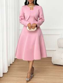 SHEIN Lady 女士粉色长袖开襟外套和吊带连衣裙，优雅外套 - 粉色 - 查看 9