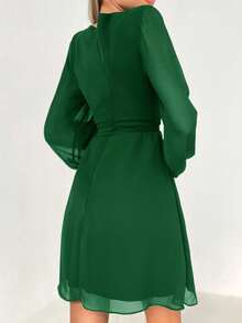 EURMUSE Women's Solid Color V-Neck Long Sleeve Waist Tie Casual Dress - Dark Green - View 2